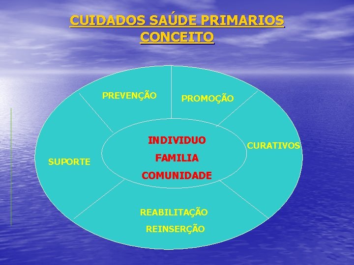 CUIDADOS SAÚDE PRIMARIOS CONCEITO PREVENÇÃO PROMOÇÃO INDIVIDUO SUPORTE FAMILIA COMUNIDADE REABILITAÇÃO REINSERÇÃO CURATIVOS 