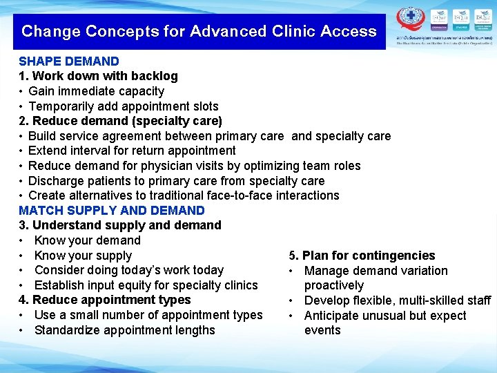 Change Concepts for Advanced Clinic Access SHAPE DEMAND 1. Work down with backlog •