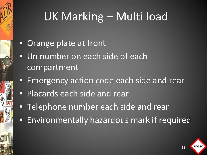 UK Marking – Multi load • Orange plate at front • Un number on
