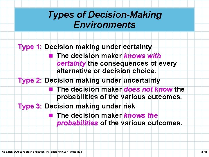 Types of Decision-Making Environments Type 1: Decision making under certainty n The decision maker