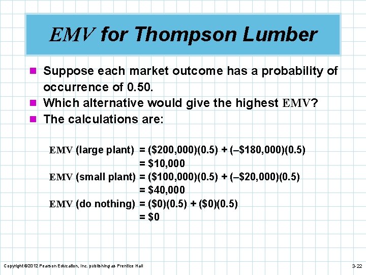 EMV for Thompson Lumber n Suppose each market outcome has a probability of occurrence