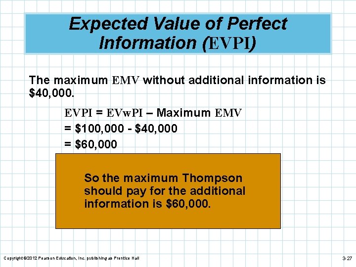 Expected Value of Perfect Information (EVPI) The maximum EMV without additional information is $40,