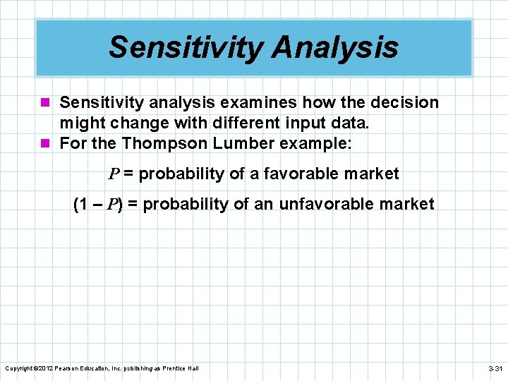 Sensitivity Analysis n Sensitivity analysis examines how the decision might change with different input