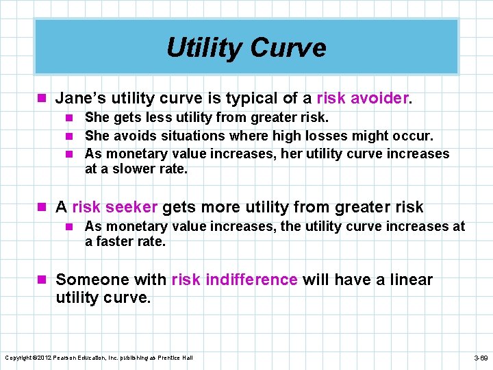 Utility Curve n Jane’s utility curve is typical of a risk avoider. n She