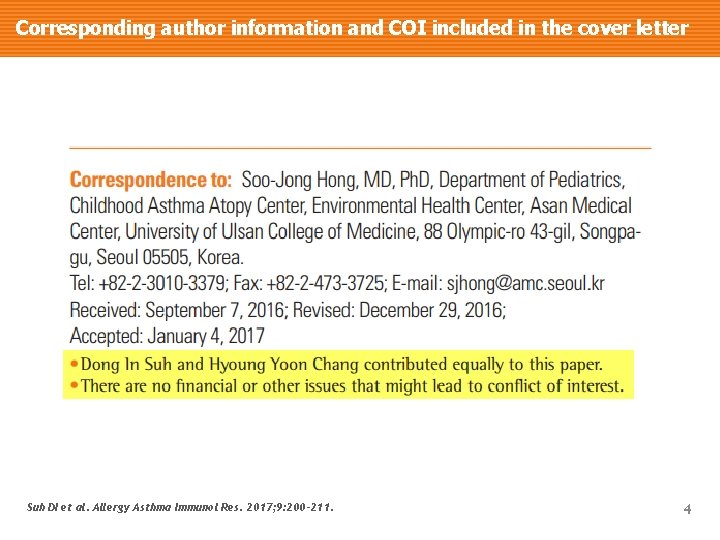 Corresponding author information and COI included in the cover letter Suh DI et al.