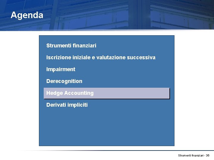 Agenda Strumenti finanziari Iscrizione iniziale e valutazione successiva Impairment Derecognition Hedge Accounting Derivati impliciti