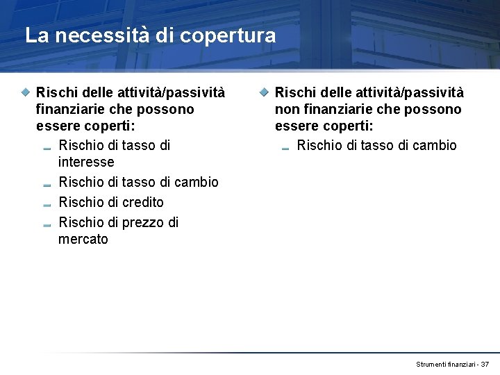 La necessità di copertura Rischi delle attività/passività finanziarie che possono essere coperti: Rischio di