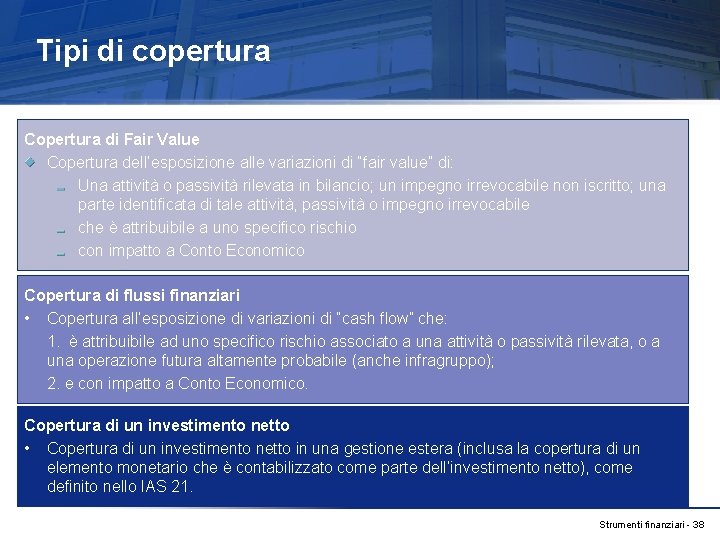 Tipi di copertura Copertura di Fair Value Copertura dell’esposizione alle variazioni di “fair value”