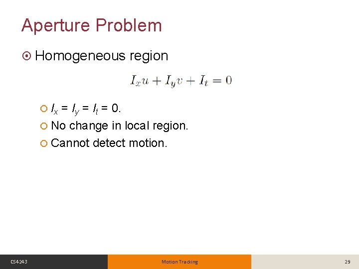 Aperture Problem Homogeneous region Ix = Iy = It = 0. No change in