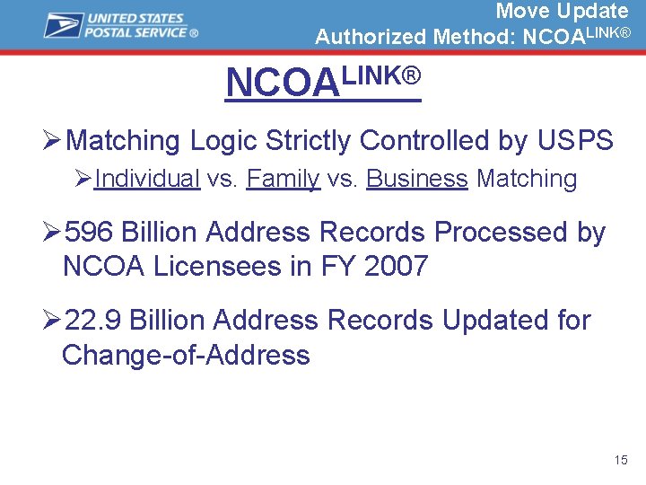 Move Update Authorized Method: NCOALINK® ØMatching Logic Strictly Controlled by USPS ØIndividual vs. Family