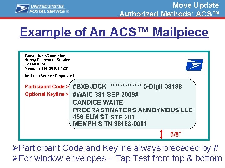 Move Update Authorized Methods: ACS™ Example of An ACS™ Mailpiece Tanya Hyde-Goode Inc Nanny