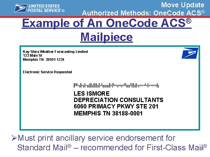 Move Update Authorized Methods: One. Code ACS® Example of An One. Code ACS® Mailpiece