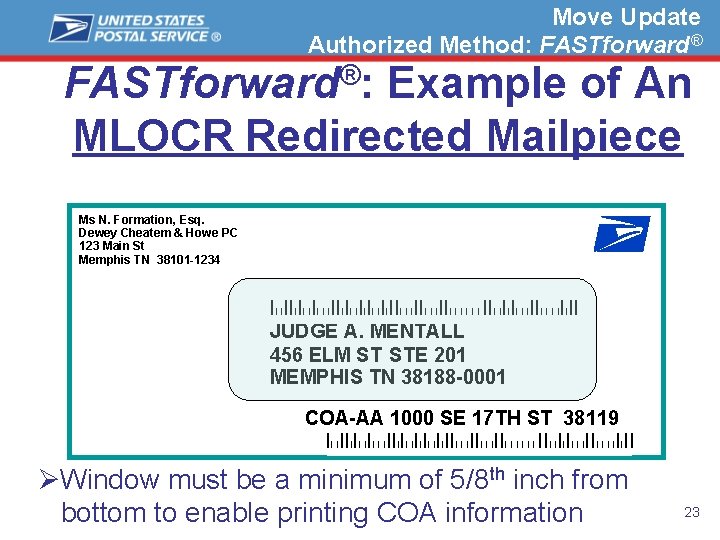 Move Update Authorized Method: FASTforward®: Example of An MLOCR Redirected Mailpiece Ms N. Formation,