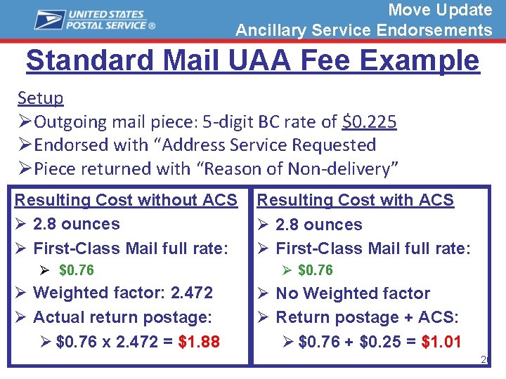 Move Update Ancillary Service Endorsements Standard Mail UAA Fee Example Setup ØOutgoing mail piece: