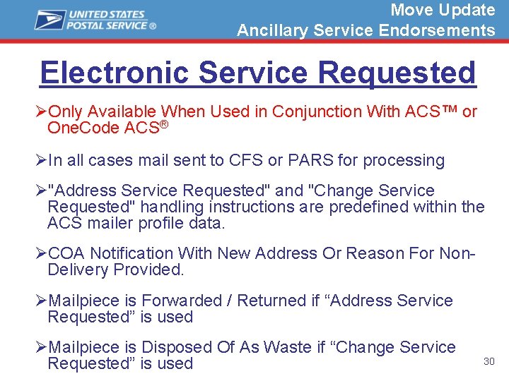 Move Update Ancillary Service Endorsements Electronic Service Requested ØOnly Available When Used in Conjunction