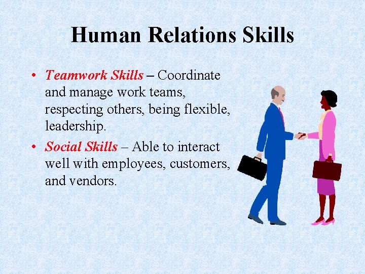 Human Relations Skills • Teamwork Skills – Coordinate and manage work teams, respecting others,