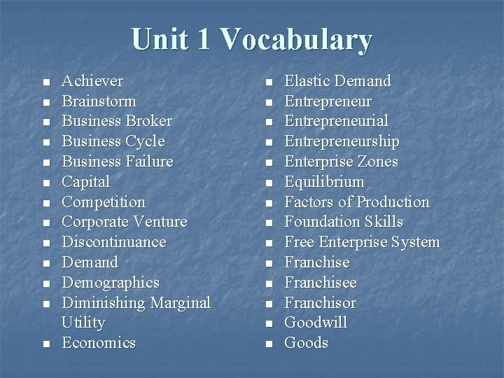 Unit 1 Vocabulary n n n n Achiever Brainstorm Business Broker Business Cycle Business