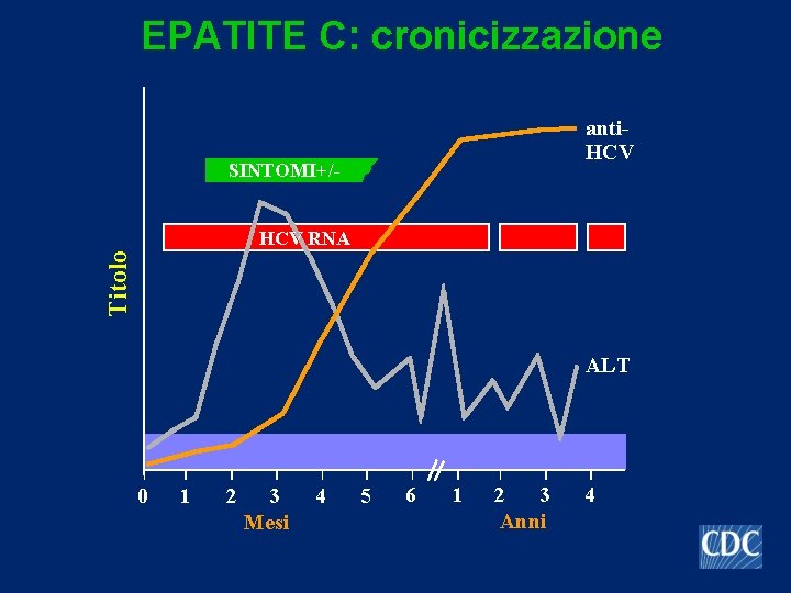 EPATITE C: cronicizzazione anti. HCV SINTOMI+/- Titolo HCV RNA ALT 0 1 2 3