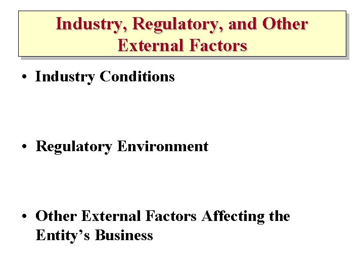 Industry, Regulatory, and Other External Factors • Industry Conditions • Regulatory Environment • Other
