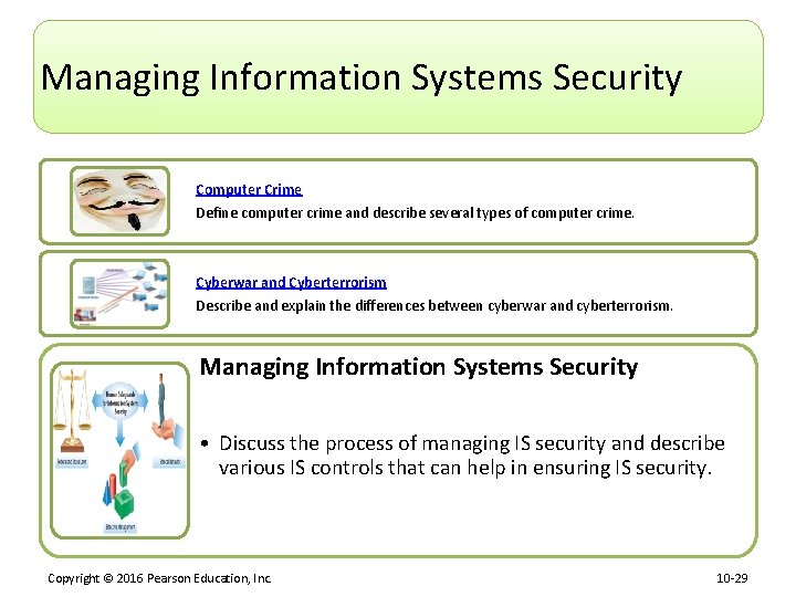 Managing Information Systems Security Computer Crime Define computer crime and describe several types of