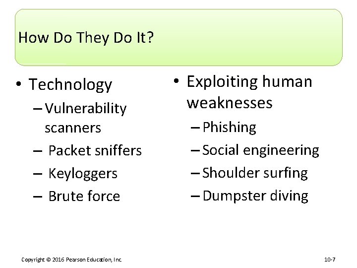 How Do They Do It? • Technology – Vulnerability scanners – Packet sniffers –