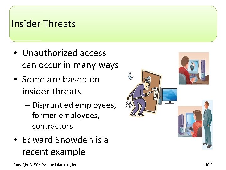 Insider Threats • Unauthorized access can occur in many ways • Some are based