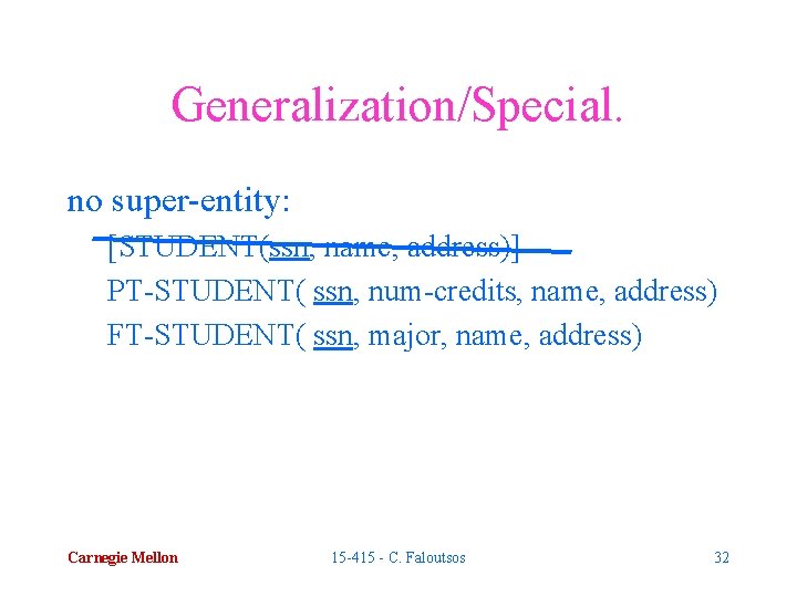 Generalization/Special. no super-entity: [STUDENT(ssn, name, address)] PT-STUDENT( ssn, num-credits, name, address) FT-STUDENT( ssn, major,