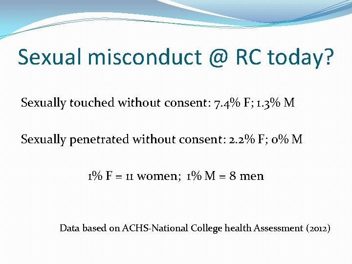 Sexual misconduct @ RC today? Sexually touched without consent: 7. 4% F; 1. 3%