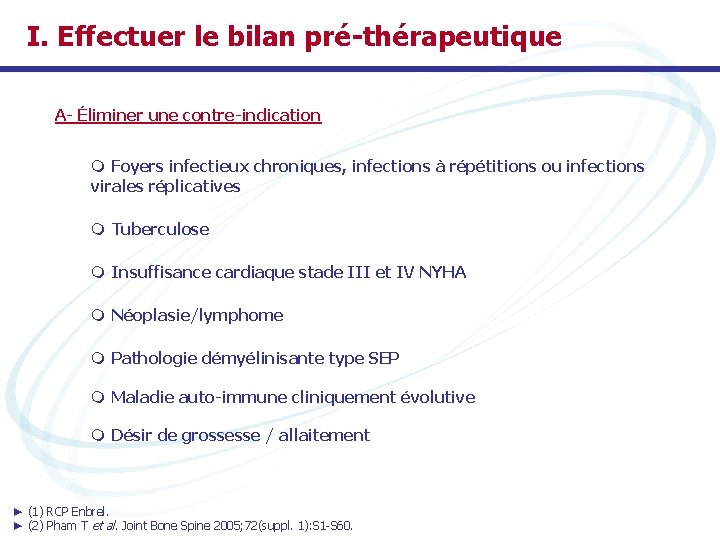 I. Effectuer le bilan pré-thérapeutique A- Éliminer une contre-indication m Foyers infectieux chroniques, infections