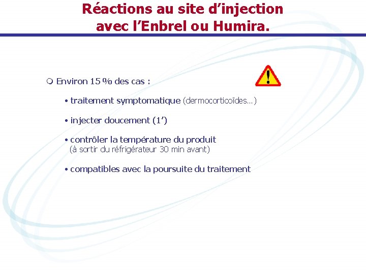 Réactions au site d’injection avec l’Enbrel ou Humira. m Environ 15 % des cas