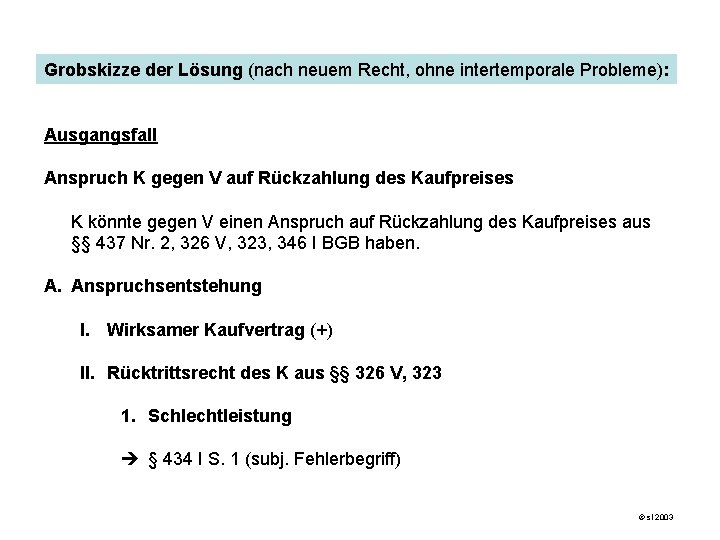 Grobskizze der Lösung (nach neuem Recht, ohne intertemporale Probleme): Ausgangsfall Anspruch K gegen V