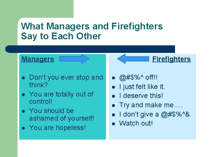 What Managers and Firefighters Say to Each Other Managers l l Don’t you ever What Managers and Firefighters Say to Each Other Managers l l Don’t you ever