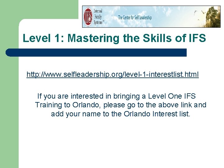 Level 1: Mastering the Skills of IFS http: //www. selfleadership. org/level-1 -interestlist. html If Level 1: Mastering the Skills of IFS http: //www. selfleadership. org/level-1 -interestlist. html If