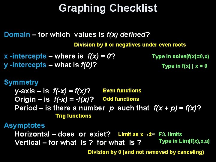 Graphing Checklist Domain – for which values is f(x) defined? Division by 0 or