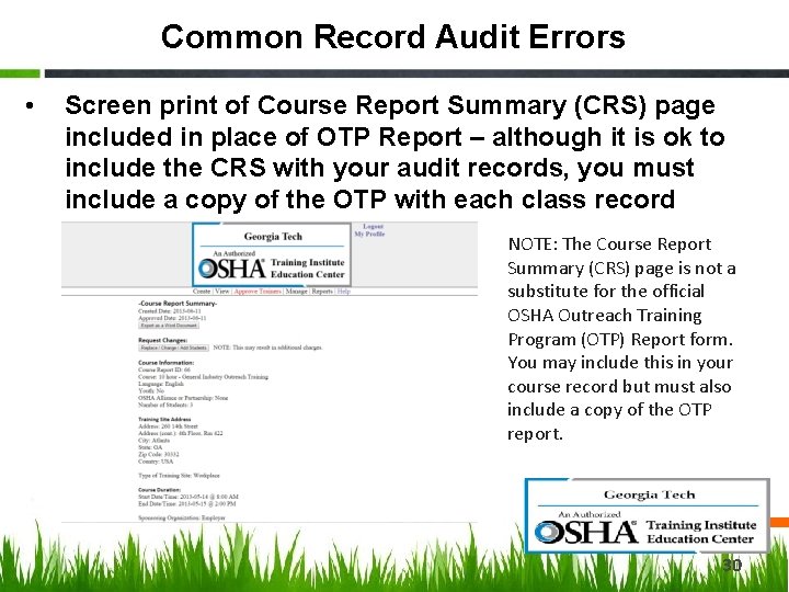 Common Record Audit Errors • Screen print of Course Report Summary (CRS) page included