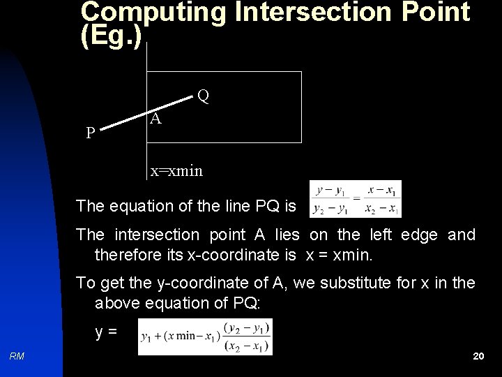Computing Intersection Point (Eg. ) Q P A x=xmin The equation of the line