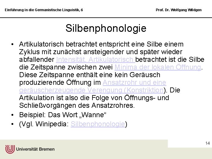 Einführung in die Germanistische Linguistik, 6 Prof. Dr. Wolfgang Wildgen Silbenphonologie • Artikulatorisch betrachtet