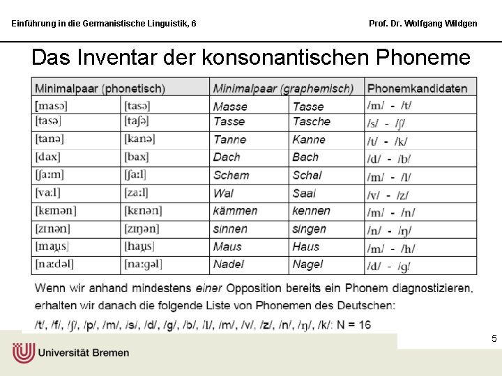 Einführung in die Germanistische Linguistik, 6 Prof. Dr. Wolfgang Wildgen Das Inventar der konsonantischen