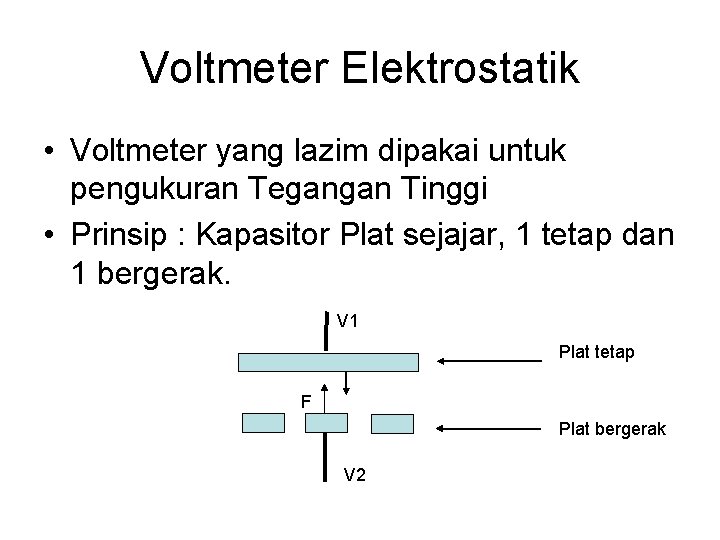 Voltmeter Elektrostatik • Voltmeter yang lazim dipakai untuk pengukuran Tegangan Tinggi • Prinsip :