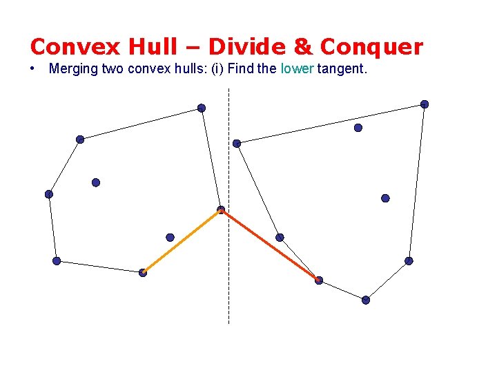 Convex Hull – Divide & Conquer • Merging two convex hulls: (i) Find the