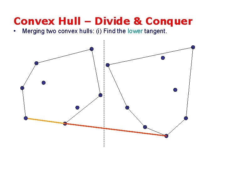 Convex Hull – Divide & Conquer • Merging two convex hulls: (i) Find the