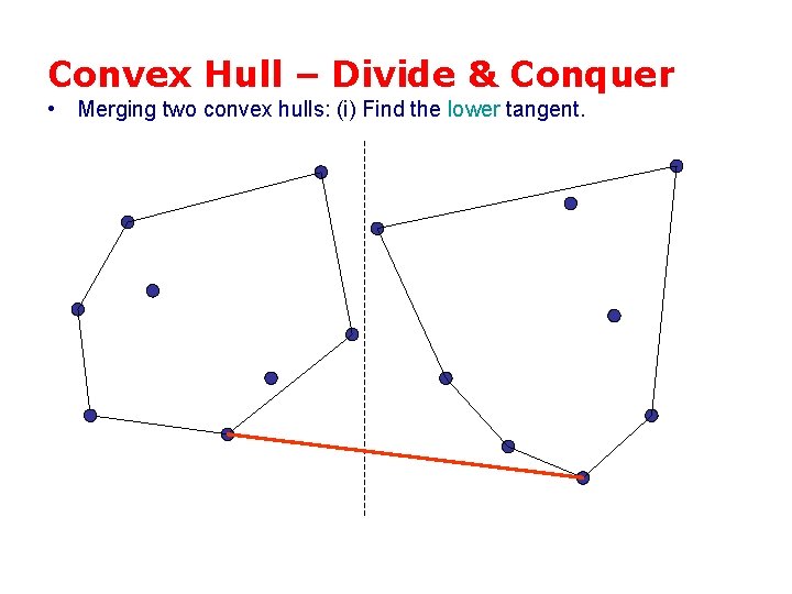 Convex Hull – Divide & Conquer • Merging two convex hulls: (i) Find the