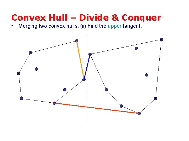 Convex Hull – Divide & Conquer • Merging two convex hulls: (ii) Find the