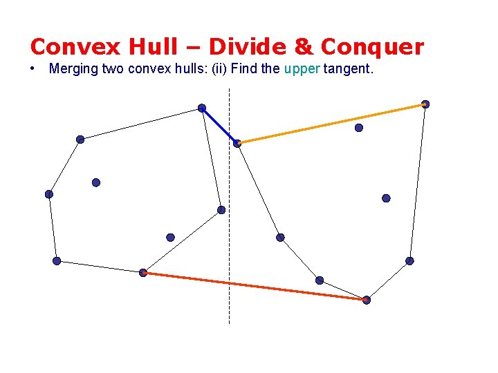 Convex Hull – Divide & Conquer • Merging two convex hulls: (ii) Find the