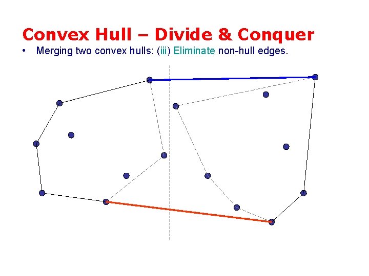 Convex Hull – Divide & Conquer • Merging two convex hulls: (iii) Eliminate non-hull