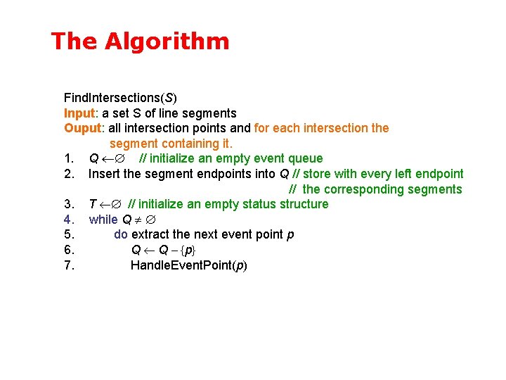 The Algorithm Find. Intersections(S) Input: a set S of line segments Ouput: all intersection
