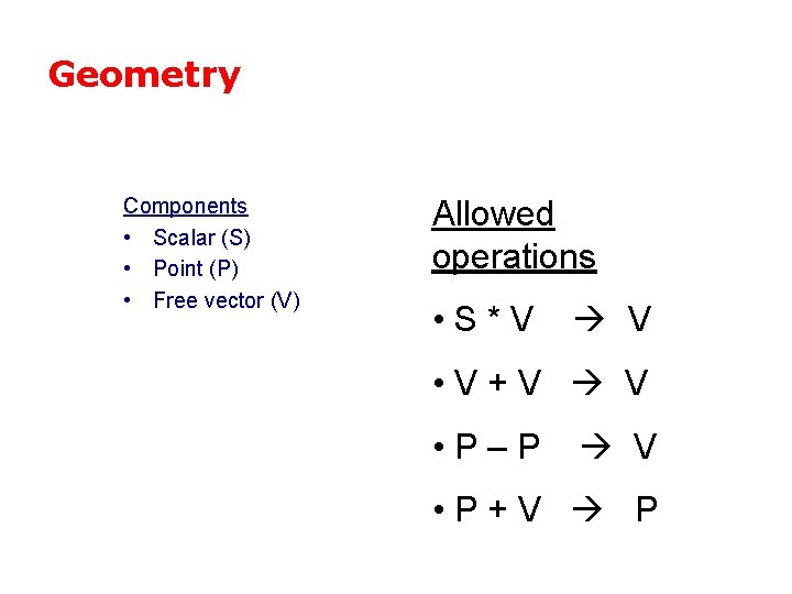 Geometry Components • Scalar (S) • Point (P) • Free vector (V) Allowed operations