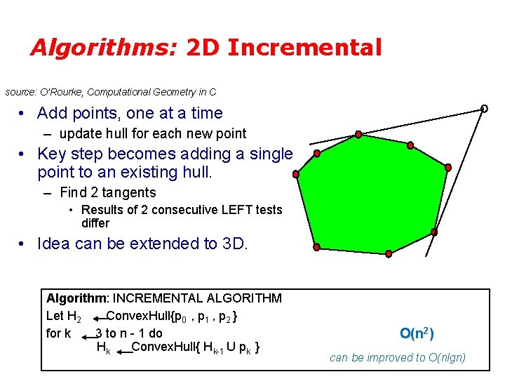 Algorithms: 2 D Incremental source: O’Rourke, Computational Geometry in C • Add points, one