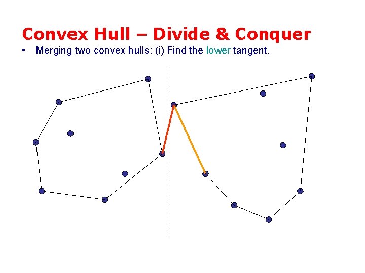 Convex Hull – Divide & Conquer • Merging two convex hulls: (i) Find the