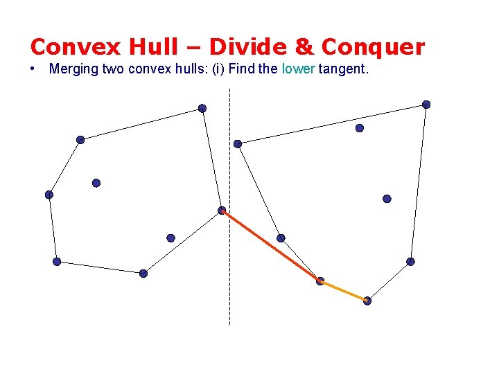 Convex Hull – Divide & Conquer • Merging two convex hulls: (i) Find the